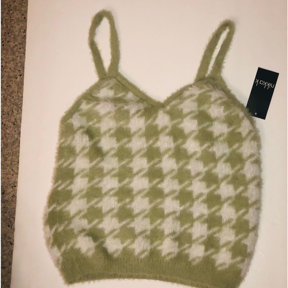 NWT Nikka K Y2K Fuzzy Houndstooth Spaghetti Cropped Tank Top Size L Sage Gr/Wht - Picture 5 of 11